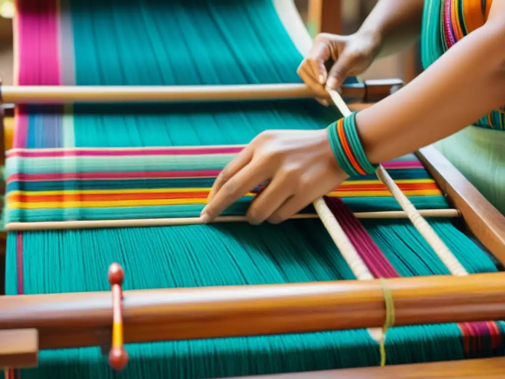 Un tejido maya vibrante en un telar de madera, reflejando la artesanía y tradición de los materiales textiles vestimentas mayas