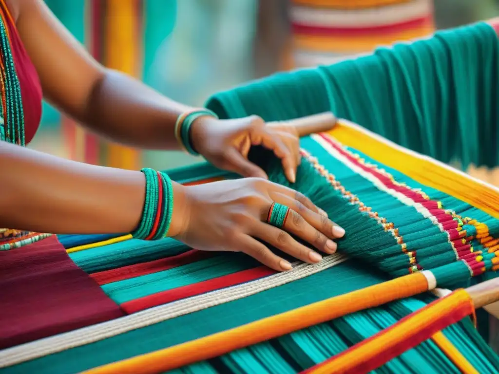 Hábil tejido de textiles mayas en mercado colorido, preservación idiomas mayas era digital