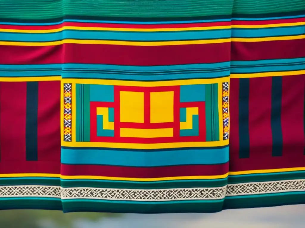 Una tela maya vibrante y detallada con colores intensos: rojos, amarillos, azules y verdes