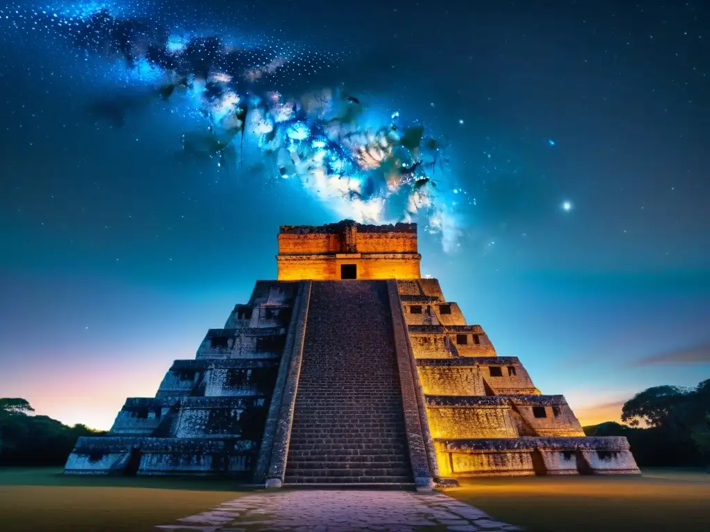 Temple maya bajo cielo estrellado con constelaciones, reflejando la conexión única con el Sistema estelar civilización maya