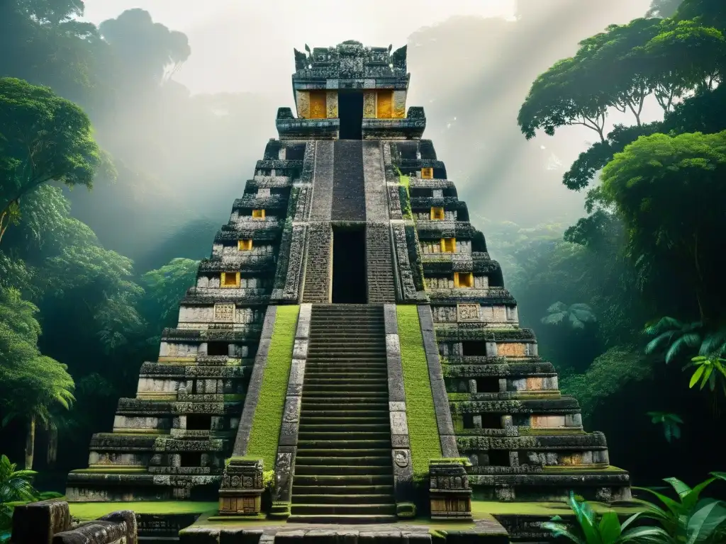 Templo acuático maya: misterios tallados en piedra Explora el templo acuático maya rodeado de exuberante vegetación, resaltando la importancia del mantenimiento de estructuras hidráulicas mayas