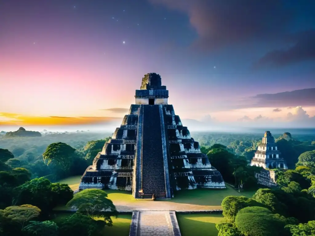 Templo I de Tikal al atardecer, destacando su importancia astronomía en arquitectura maya