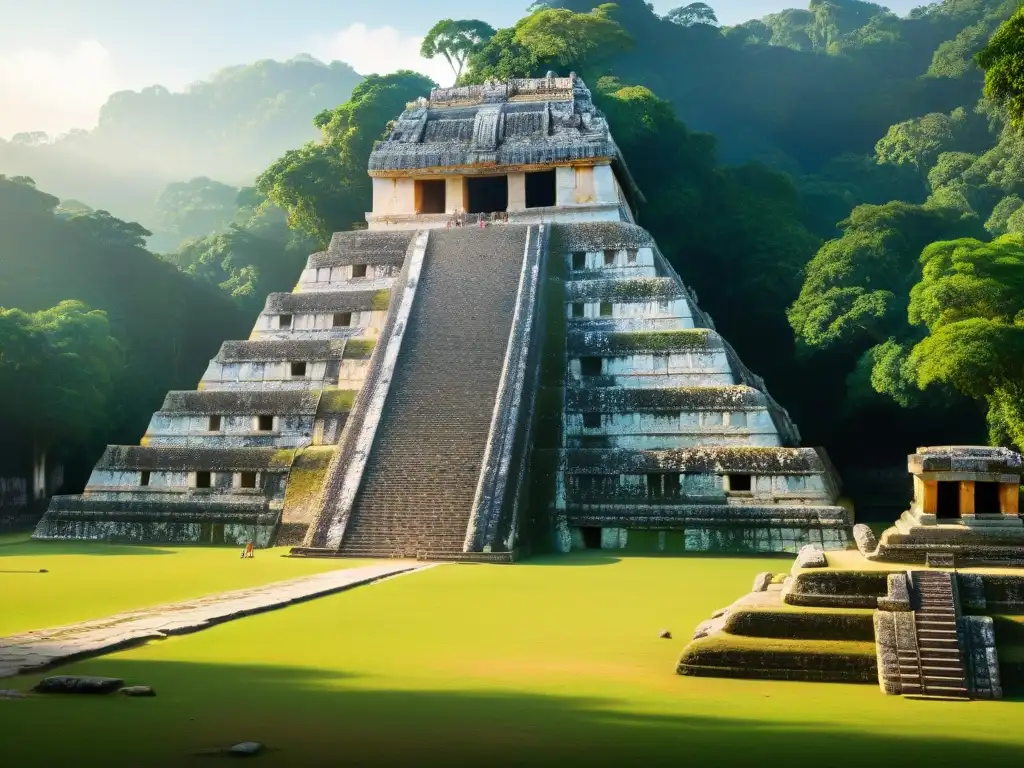 Templo de las Inscripciones en Palenque, bañado por la luz dorada del atardecer