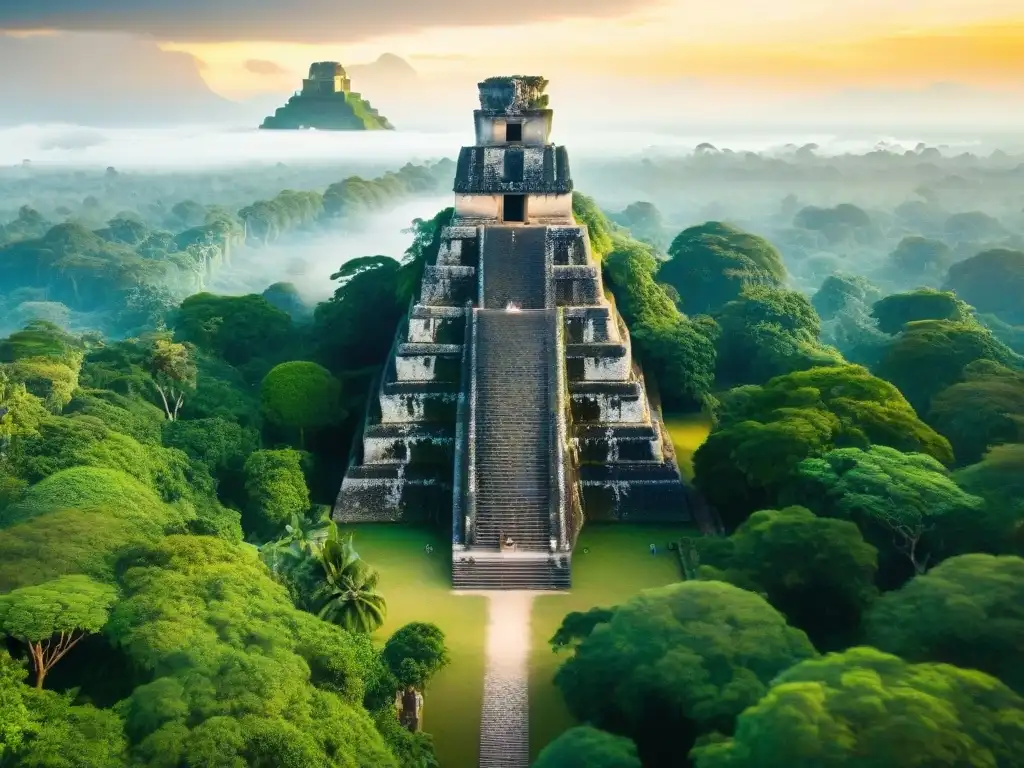 Templo I, legado gemelos Hunahpú Ixbalanqué en Tikal al amanecer, con monos aulladores en la jungla verde exuberante