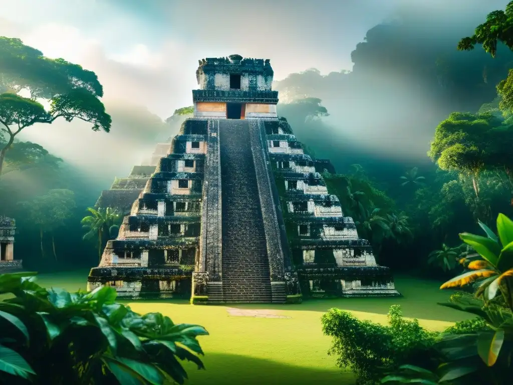 Templo maya adornado en la selva, reflejando la religión maya como herramienta diplomática