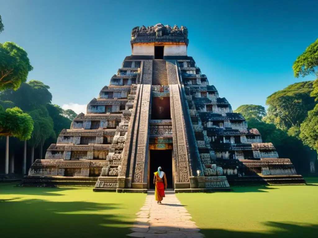 Templo maya ancestral detallado, rodeado de vegetación exuberante bajo cielo azul, destacando religión maya como herramienta diplomática