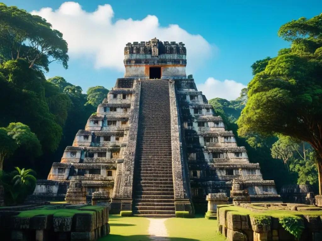 Templo maya antiguo con intrincados grabados y glifos, influencia religión en cultura maya, en la exuberante jungla