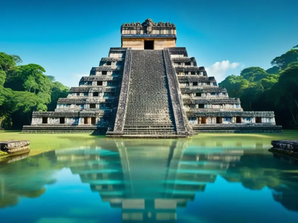 Templo maya antiguo rodeado de selva exuberante, tallados de deidades acuáticas y símbolos, reflejado en un sereno estanque