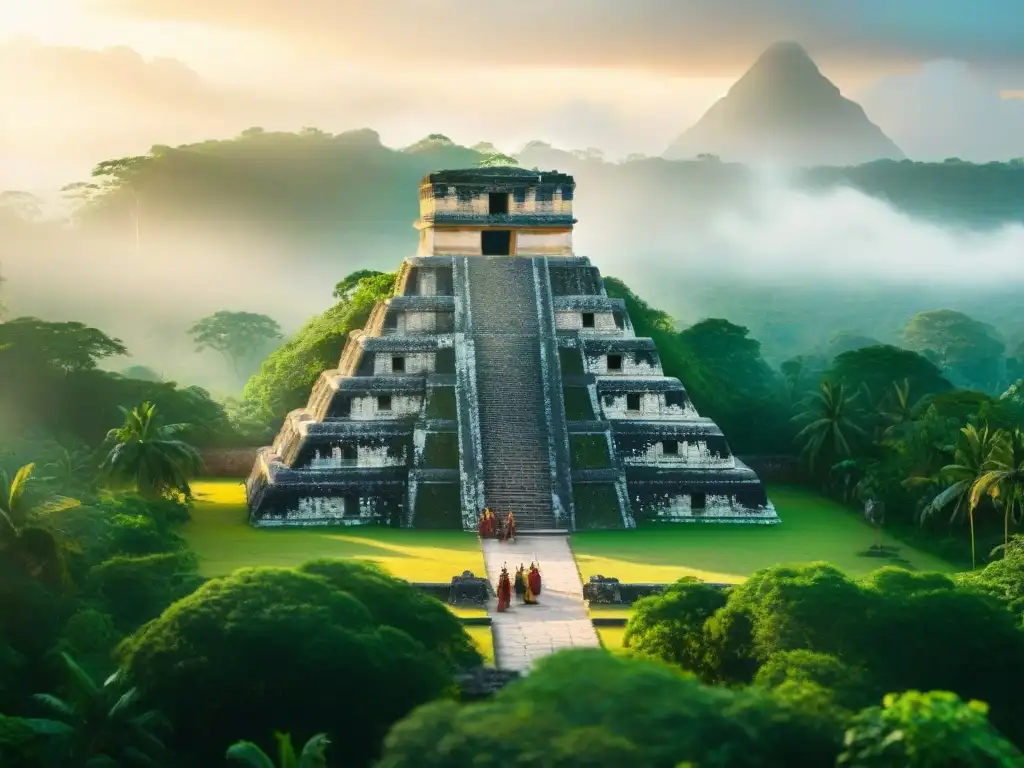 Templo maya al atardecer con detalles y jeroglíficos dorados, rodeado de selva y ancianos en ritual