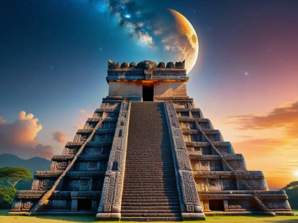 Templo Maya al atardecer con símbolos celestiales, iluminado por el sol y estrellas brillantes