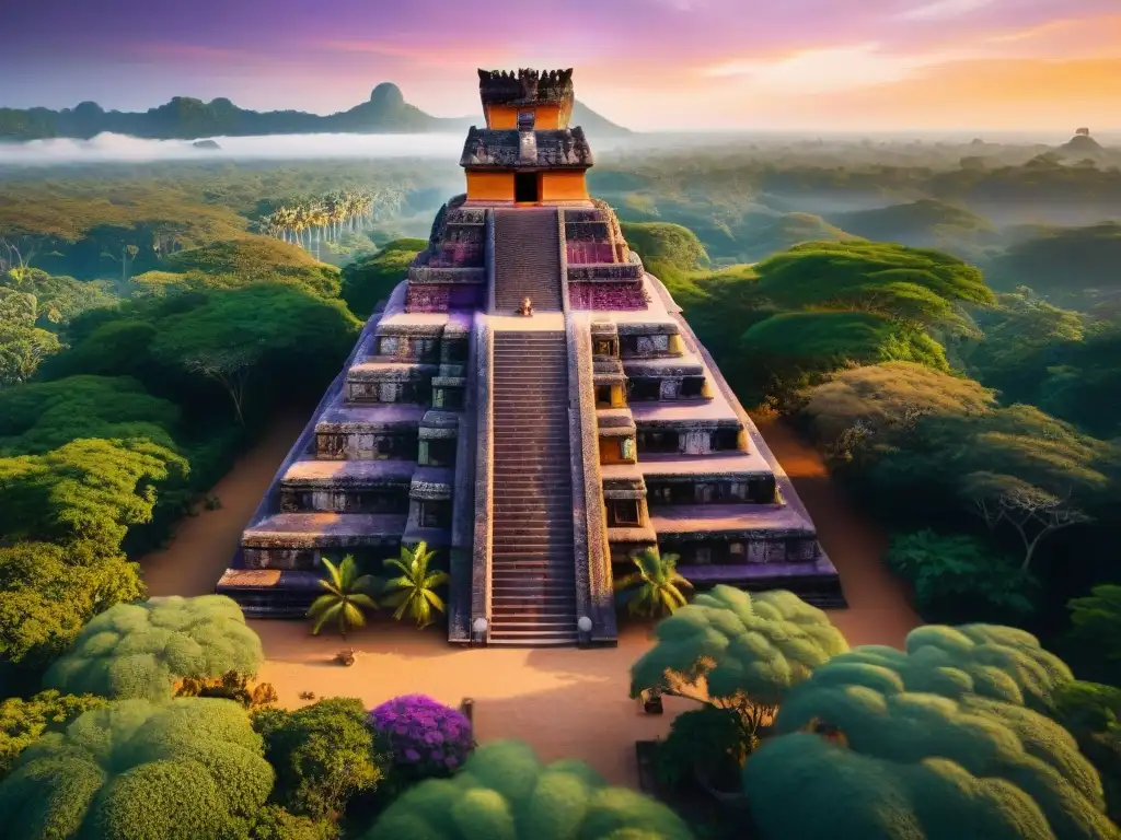 Templo maya al atardecer con sonido 3D en cultura maya