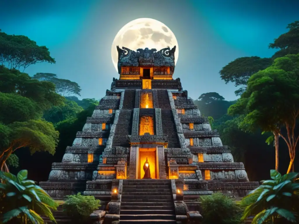 Templo maya bañado por la luz de la luna, con grabados de la diosa lunar Ix Chel en la jungla