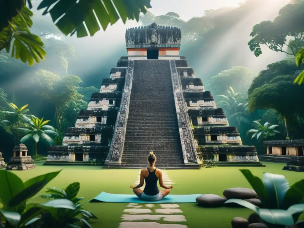 Templo maya con yoga y meditación en la selva, unión de tradición y bienestar contemporáneo