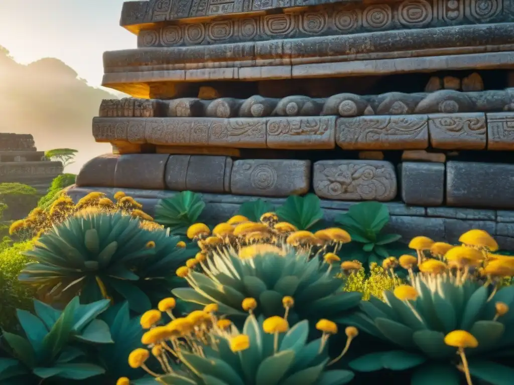 Templo Maya de Ah Muzen Cab con tallados de abejas y panal, bañado por la luz dorada del sol