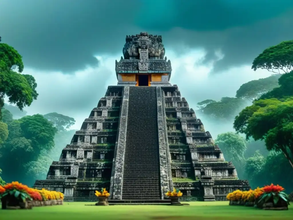 Templo Maya dedicado a Chaac, Dios de la Lluvia, rodeado de exuberante vegetación