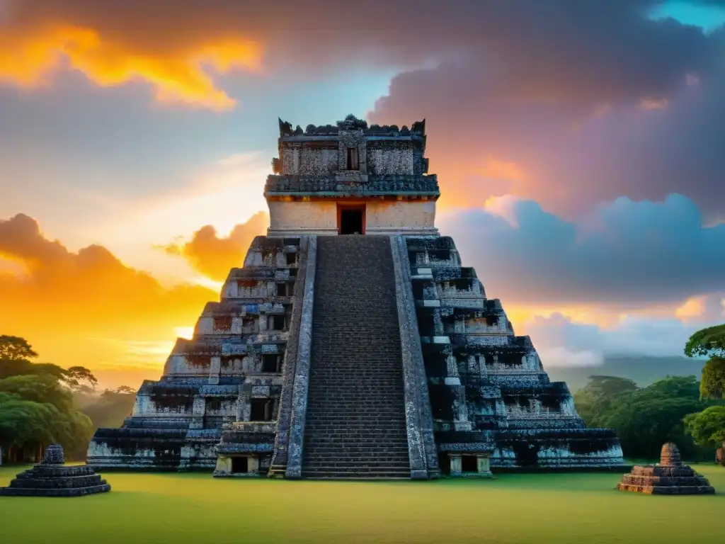 Un templo maya detallado se alza en un atardecer vibrante entre la selva, iluminado por el sol y la magia de la cosmología maya