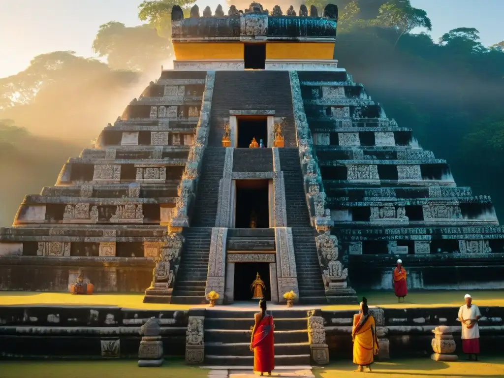 Templo maya detallado al amanecer con carvings del Dios sol Kinich Ahau, adoradores y ofrendas, en una atmósfera mística dorada