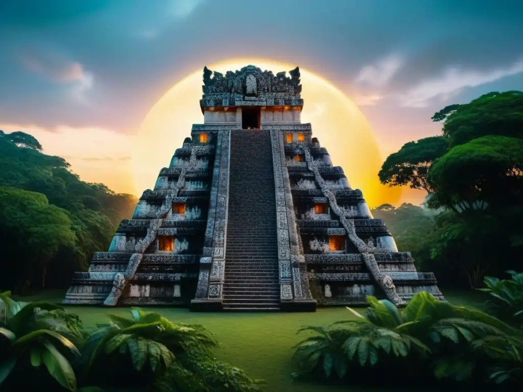 Templo maya detallado con la Diosa Ixchel y paisaje selvático, evocando su influencia cultural