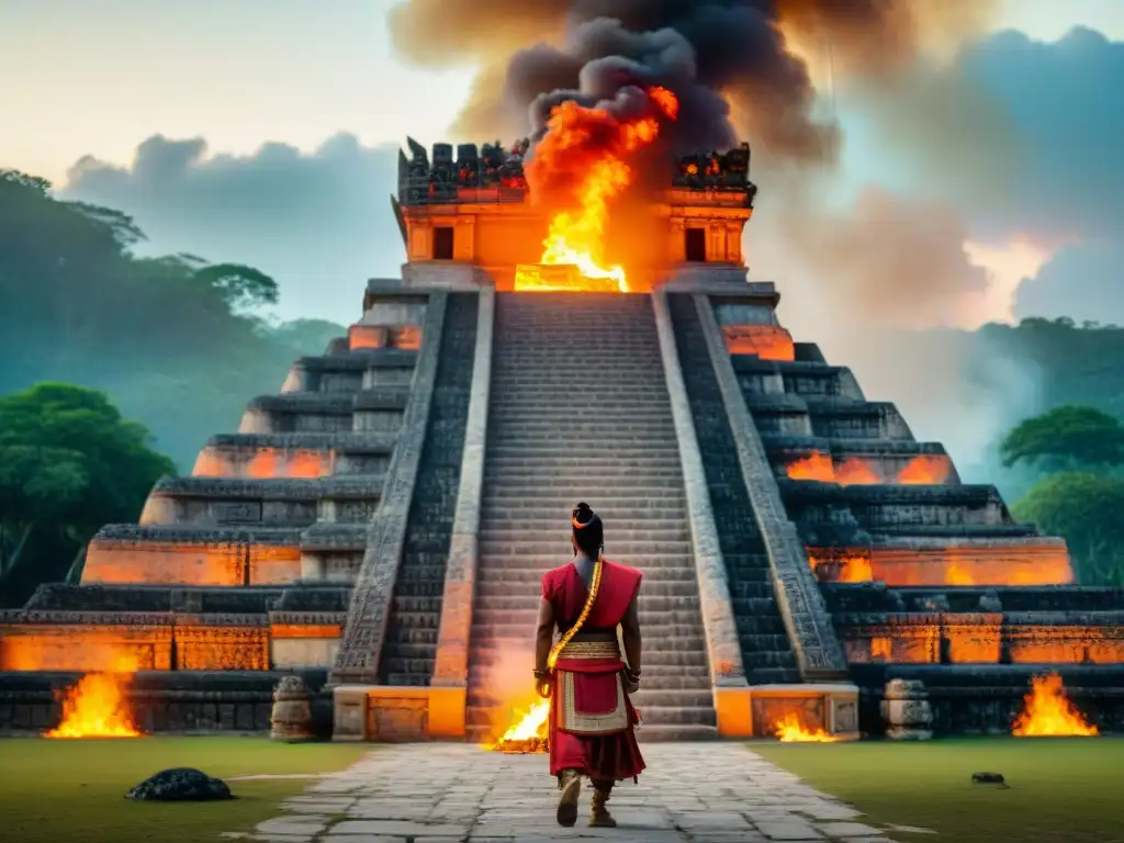 Templo maya detallado en llamas, resaltando sus grabados y arquitectura con el poder del Fuego Sagrado Maya