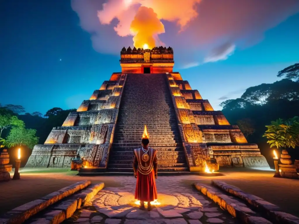 Templo maya detallado al anochecer con relieves de rituales, sacerdotes y jungla, evocando religión y tradiciones antiguas