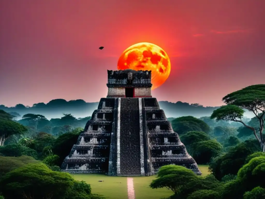 Templo maya en eclipse lunar y luna de sangre, rodeado de selva y estrellas