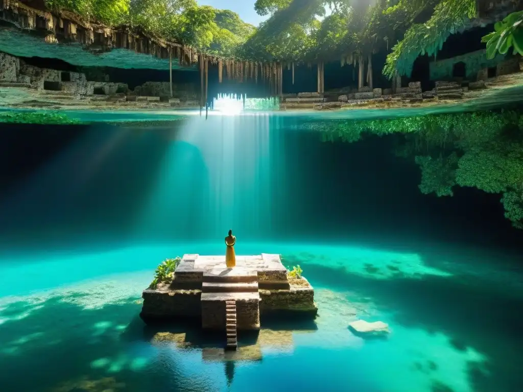 Templo maya esculpido con detalle frente a un cenote sereno, reflejando el verde de la selva y el significado espiritual del agua maya