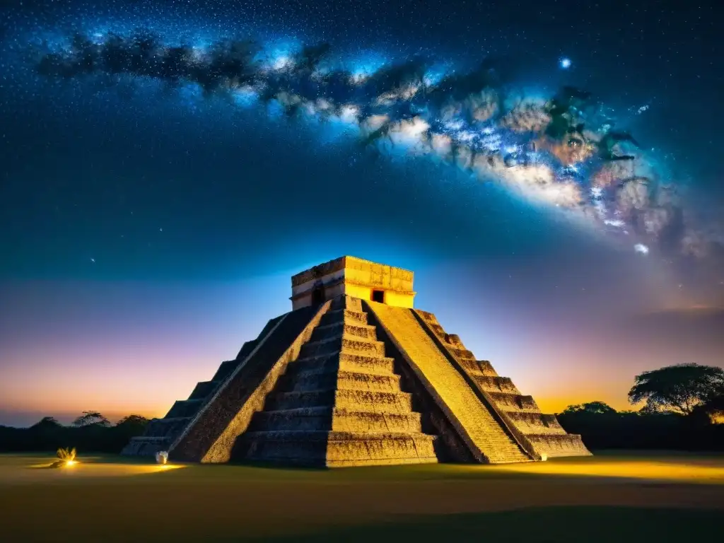 Templo maya bajo estrellas con jaguar en la selva: observación estrellas fauna maya