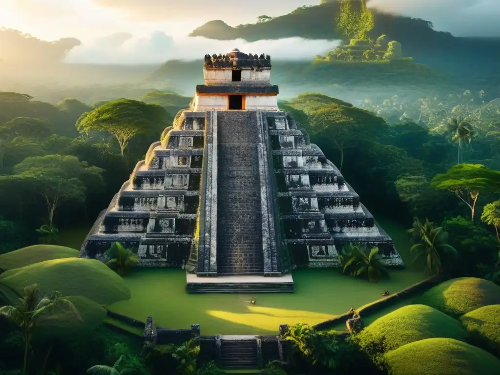 Templo maya iluminado por el amanecer, con geometría sagrada tallada en piedra, ideal para turismo