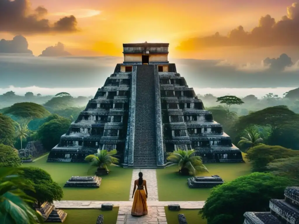 Templo maya iluminado por un amanecer dorado, rodeado de exuberante vegetación tropical