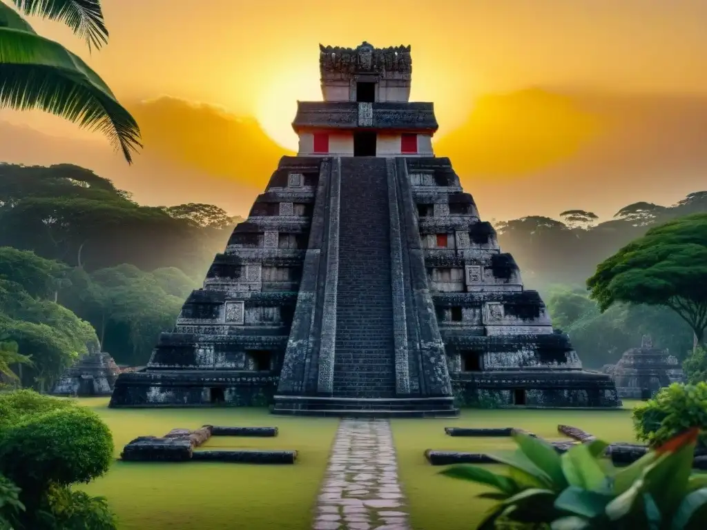 Un templo maya iluminado por un atardecer dorado, con relieves de mitos amorosos cosmovisión maya, rodeado de exuberante vegetación selvática