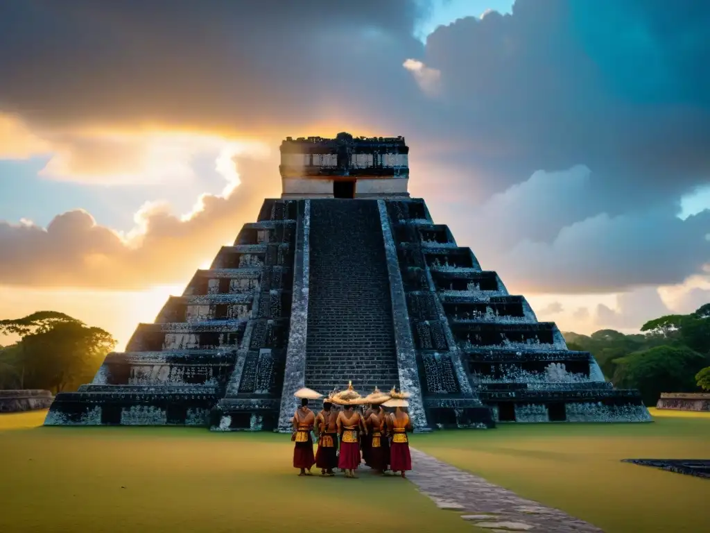 Templo maya iluminado por el sol poniente, músicos mayas tocando, cielo dramático