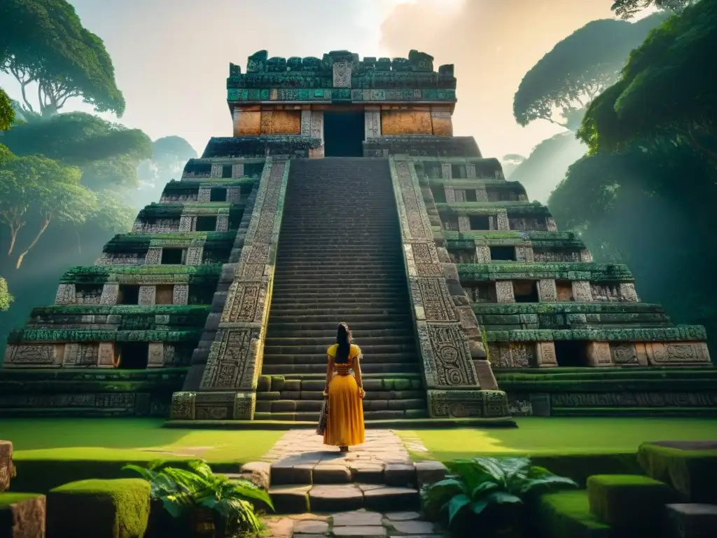 Un templo maya con intrincados grabados, colores vibrantes y significado cultural del color maya resaltando su riqueza histórica