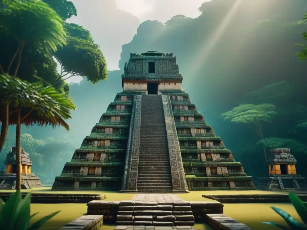 Reconstrucción 3D de templo Maya con jeroglíficos y relieves históricos, iluminado por el sol en medio de exuberante vegetación