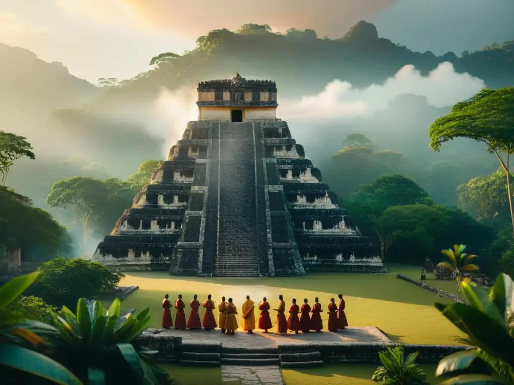 Templo Maya al atardecer: ritual de autosacrificio Un templo maya en la luz dorada del atardecer, con rituales de autosacrificio