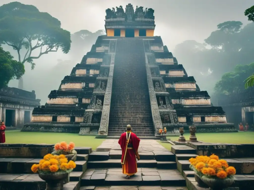 Templo maya mistico con sacerdotes honrando a la Diosa Ix Tab en maya, rodeado de naturaleza exuberante