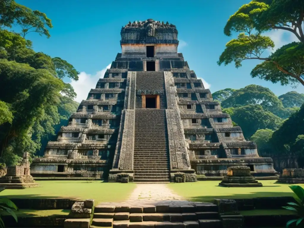 Templo maya de la muerte de Ah Puch rodeado de exuberante vegetación y cielo azul