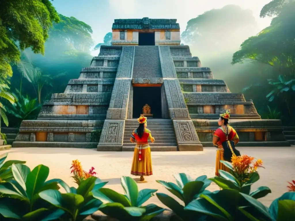 Un templo maya con músicos y bailarines en un ritual sagrado, rodeado de naturaleza exuberante