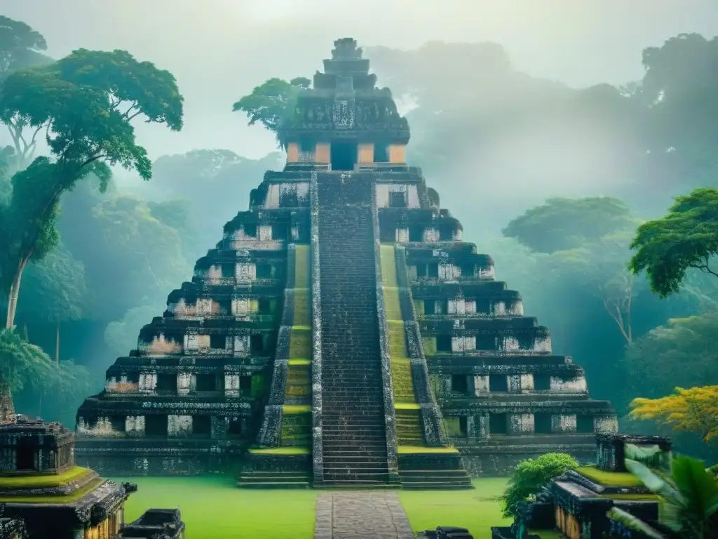 Un templo maya en la neblina del amanecer, rodeado de selva verde, evocando paz y espiritualidad