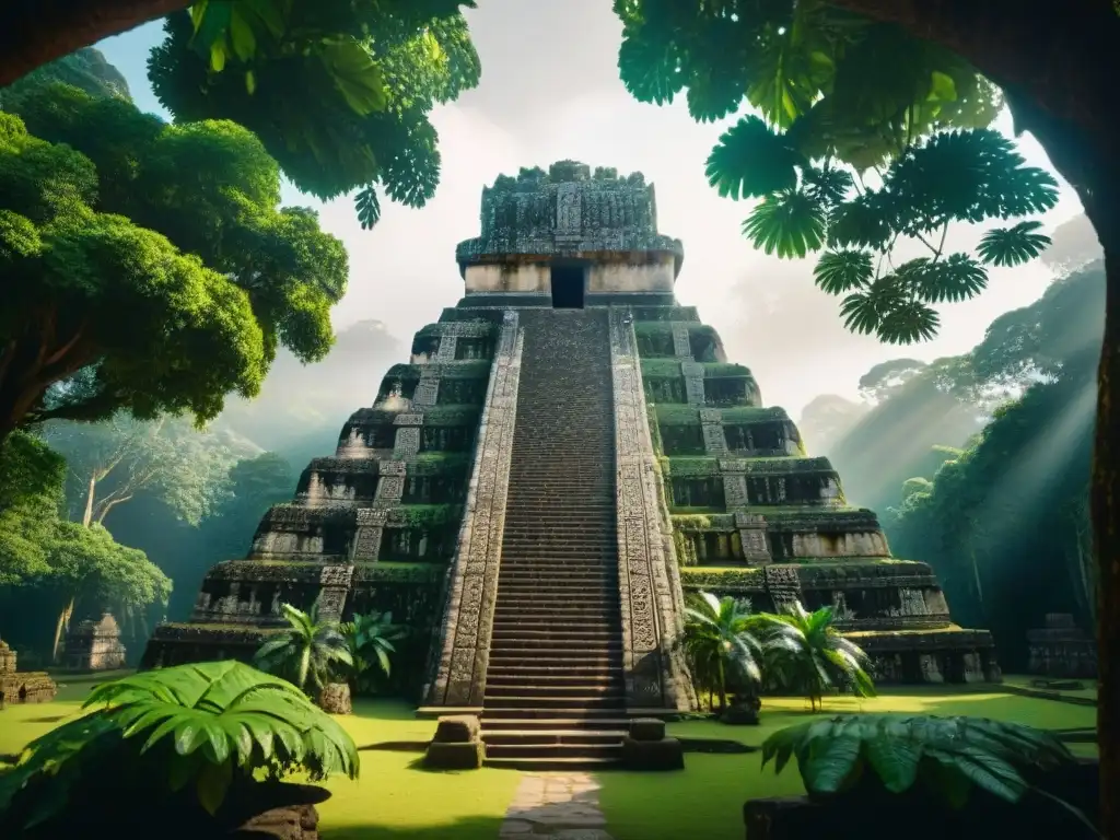 Templo maya oculto en selva con dioses tallados, evidencia de religión maya