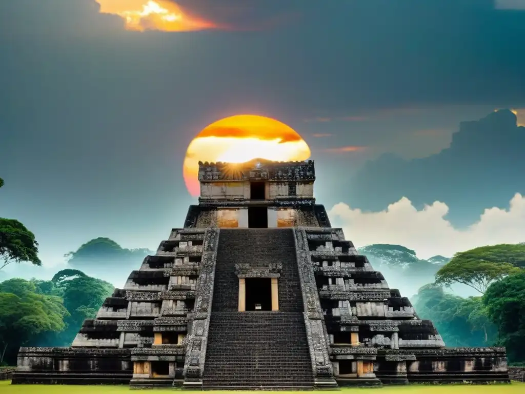 Templo Maya en perfecta alineación con el sol durante el solsticio, resaltando su arquitectura celestial y conexión cósmica