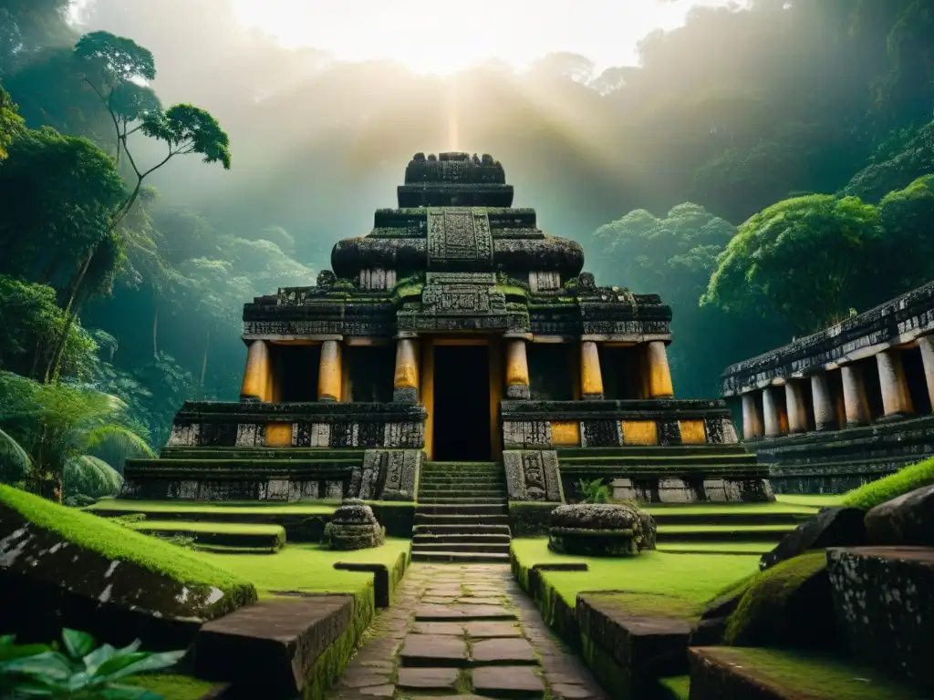Templo Siete Muñecas Equinoccio Maya: Rayos dorados iluminan el templo en Dzibilchaltún, resaltando sus grabados ancestrales