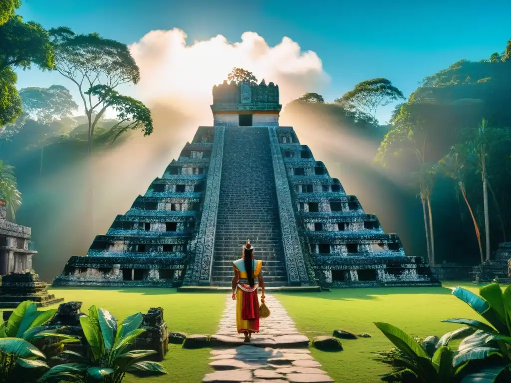 Un templo maya con rituales astrales antiguos mayas en la selva vibrante bajo un cielo azul claro