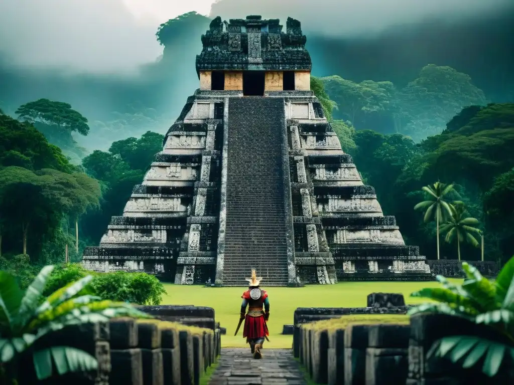 Un templo maya rodeado de exuberante vegetación, con relieves detallados de guerreros en combate