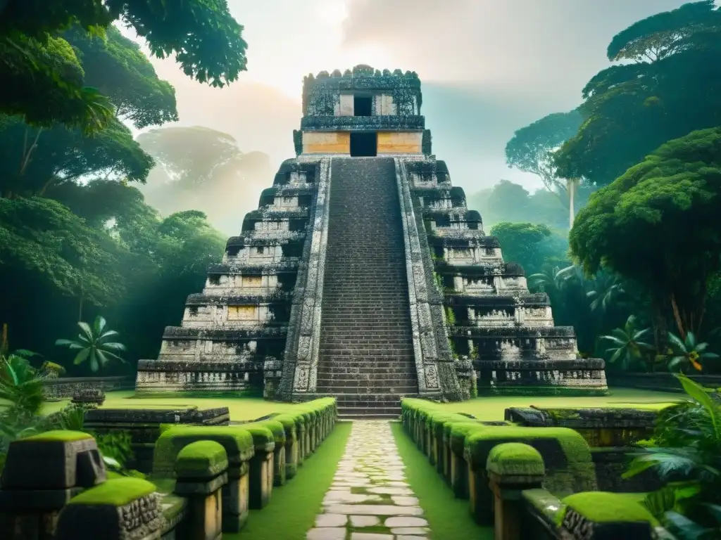 Templo maya rodeado de exuberante jungla, tallados detallados de dioses y criaturas míticas