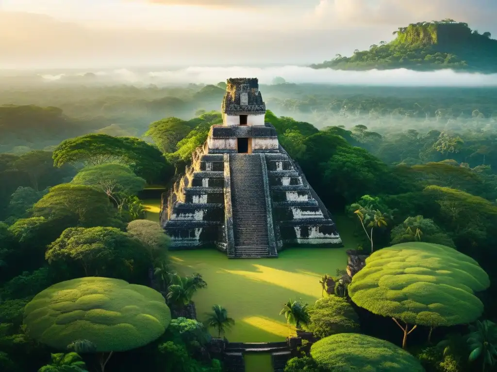 Un templo maya rodeado de exuberante naturaleza, bajo la luz del sol poniente