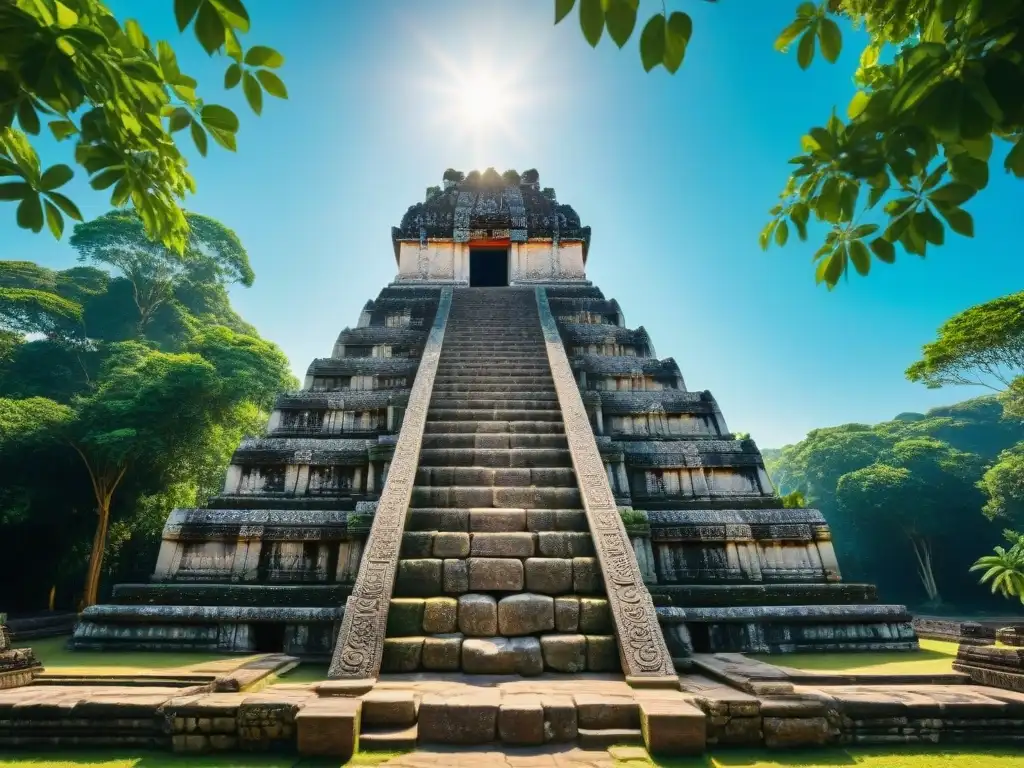 Templo Maya rodeado de selva exuberante, resaltando detalles arquitectónicos y la armonía con la naturaleza