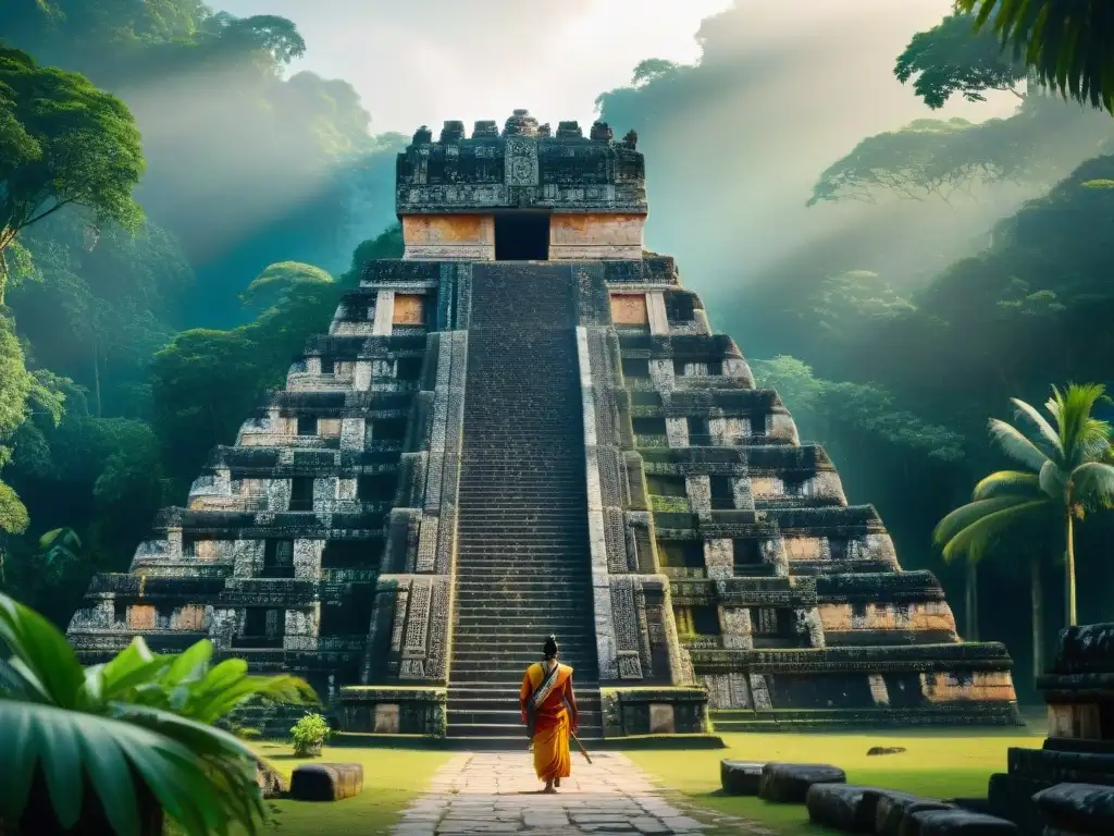 Templo maya en la selva, con detalles y escaleras en piedra