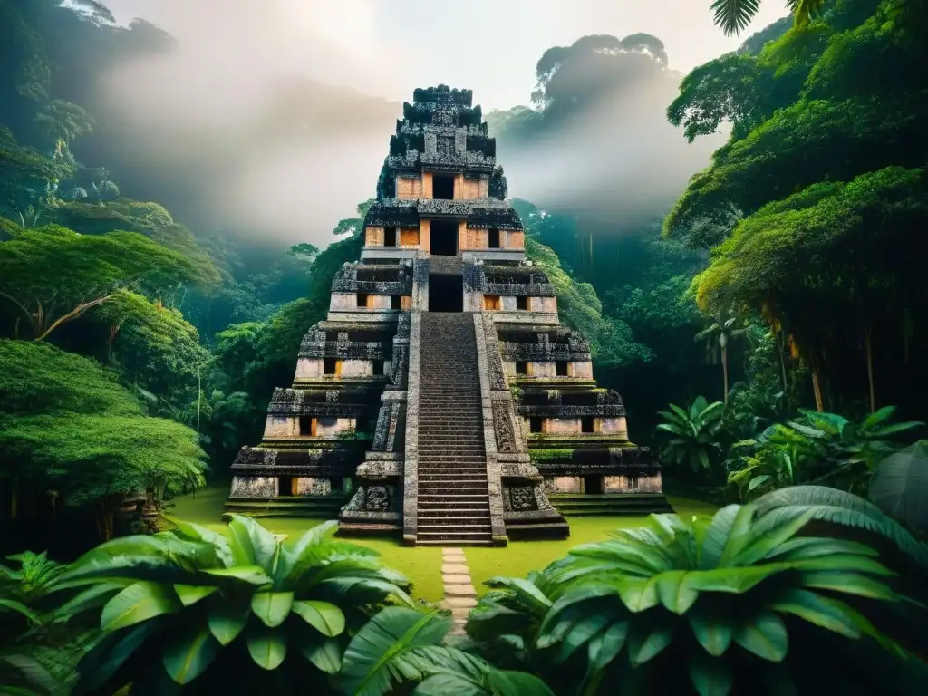 Templo maya en la selva con materiales sostenibles y diseño arquitectónico, rodeado de flora tropical vibrante