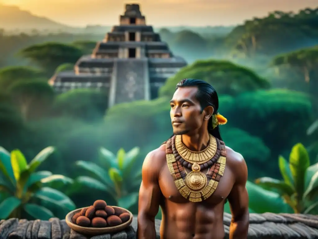 Un templo maya detalladamente tallado con Ek Chuah, dios cacao, rodeado de una plantación de cacao al atardecer