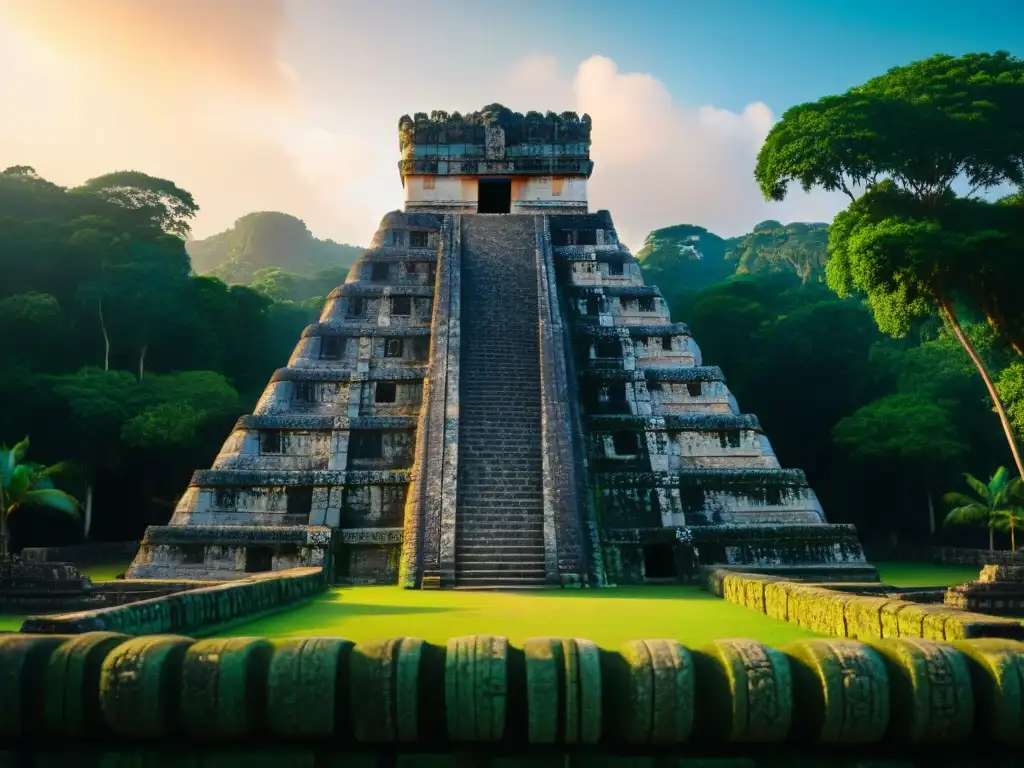 Templo maya tallado detalladamente iluminado por el cálido atardecer en la jungla